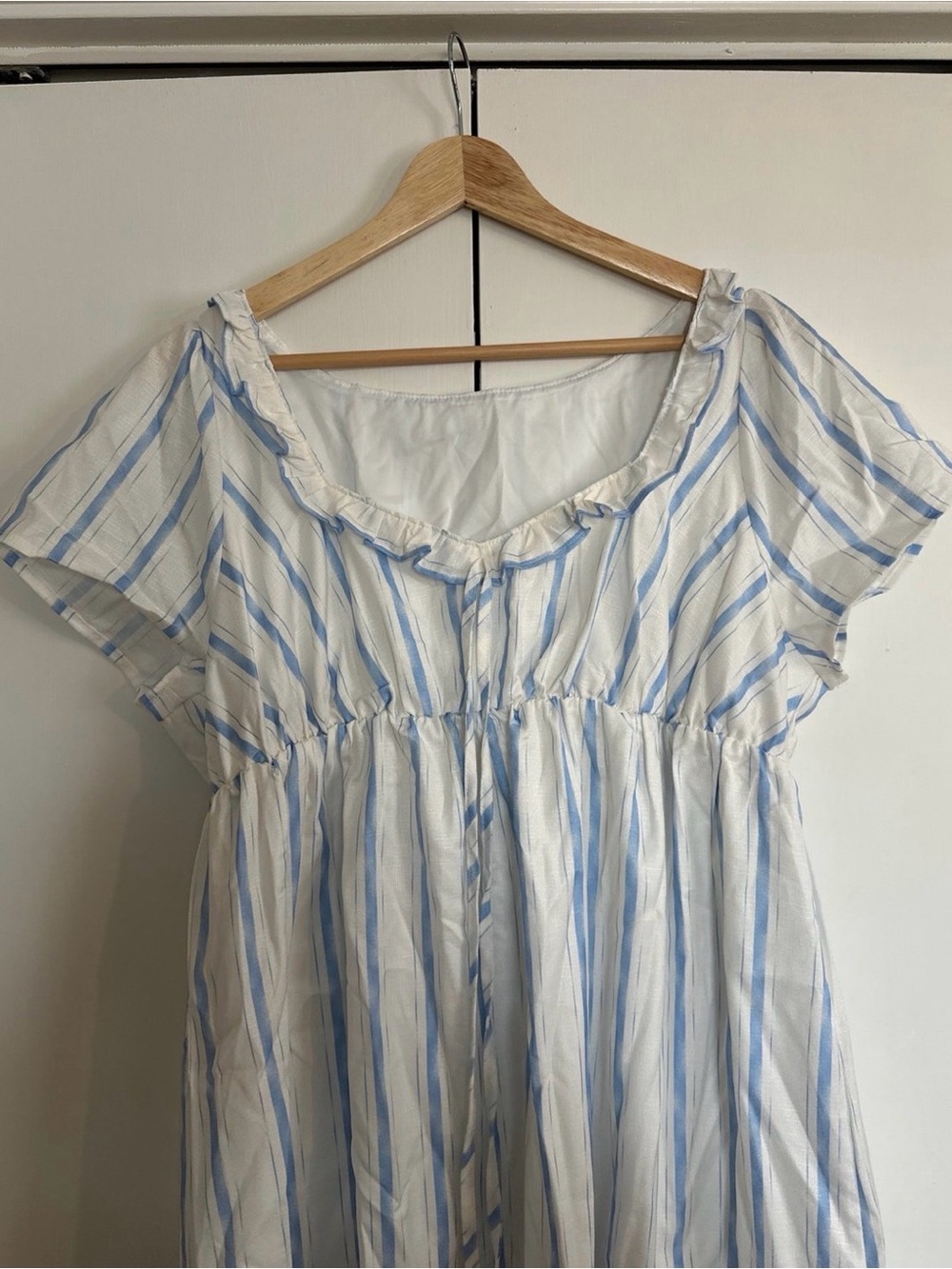 Light Blue Stripe Mini Dress with Ruffle Neckline